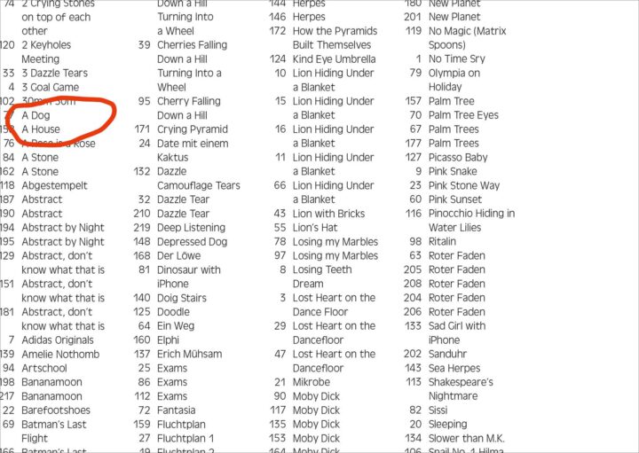 Das Ausstellungsmotiv zur Ausstellung von Judith Kisner im Frise Kümnstler*innenhauszeigt Listeneinträge mit Wortkombinationen