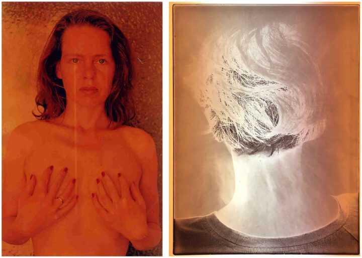 Ausstellungsmotiv für die Ausstellung Eißfeldt-Goldt im Frise Künstlerinnenhaus. Das Motiv zeigt zwei weibliche Porträts, links von vorne, rechts von hinten