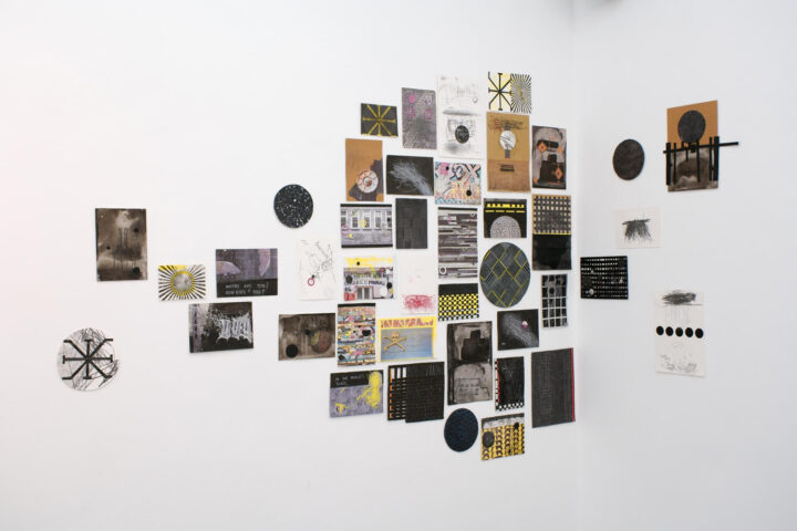 exhibition view frise gallery. drawings at the wall