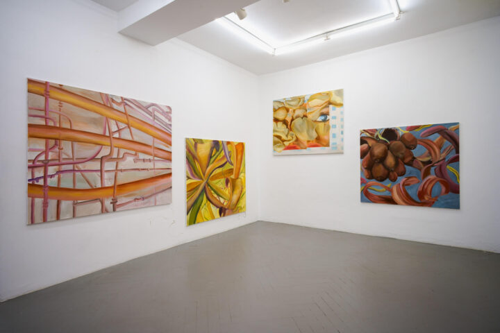 Ausstellungsansicht mit großformatigen Malereinen von Anna Skov Hassing