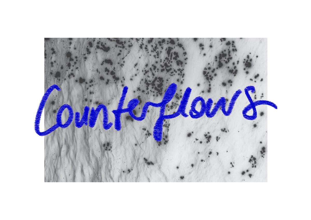 Das mit blauem Kreidestift handschriftich geschriebene Wort Counterflows ist auf einem sw-Bild mit schwarzen Flecken zu sehen